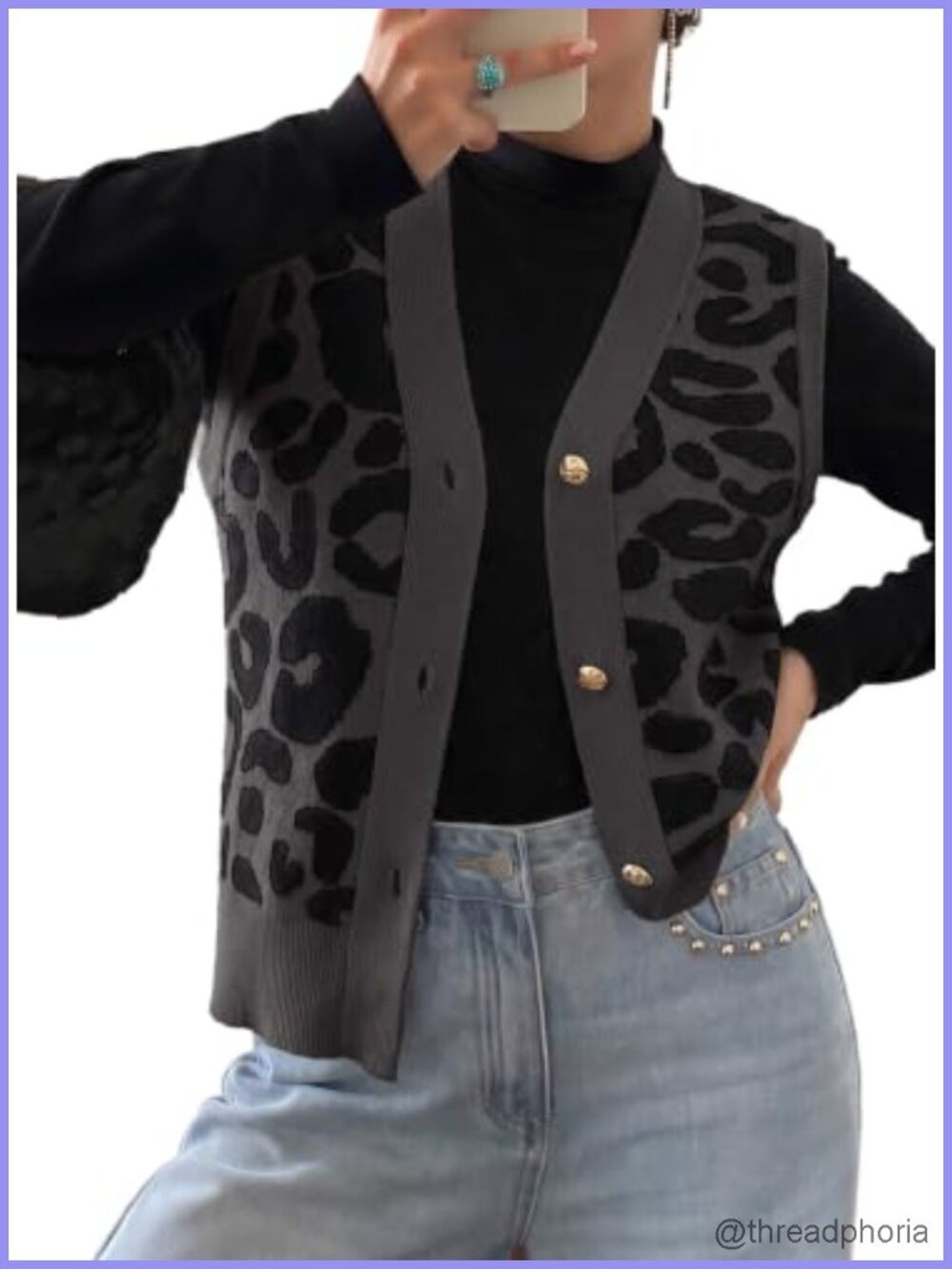 V Neck Sleeveless Cardigan Vest Leopard Print Button Up Knit Lightweight
